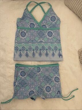 Cabana Life Girls Blue & Mint Patterned Tankini Set